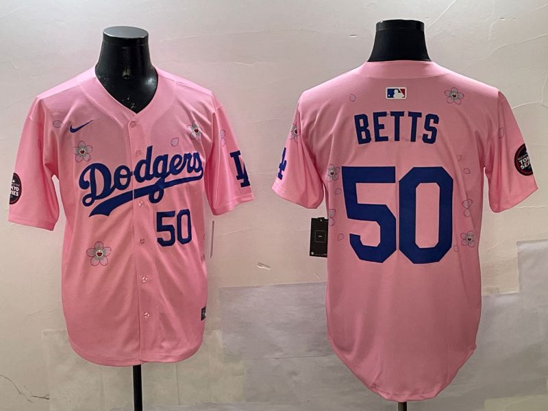 Men Los Angeles Dodgers #50 Betts Pink Sakura Edition 2025 Nike MLB Jersey style 9